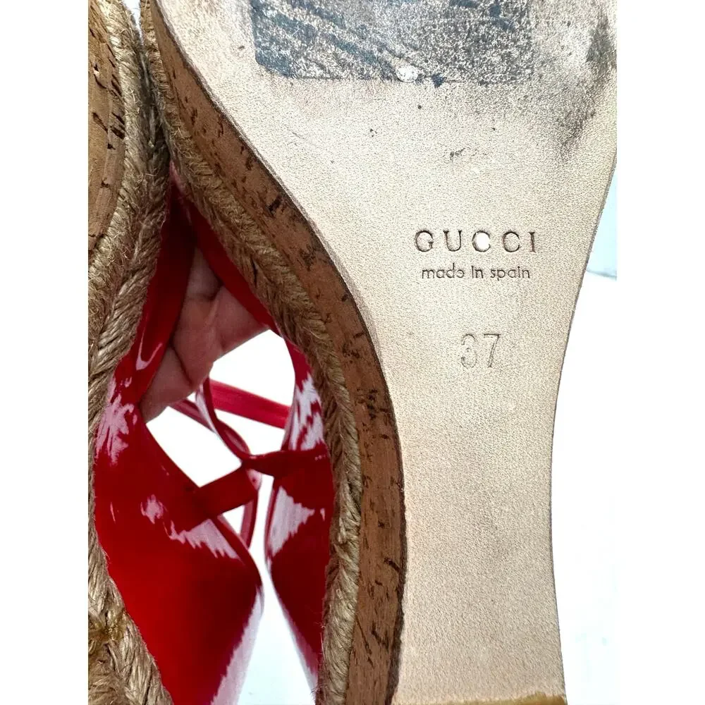 Gucci Holie Coral Red Patent Leather Platform Wedge Sandals Size EU 37